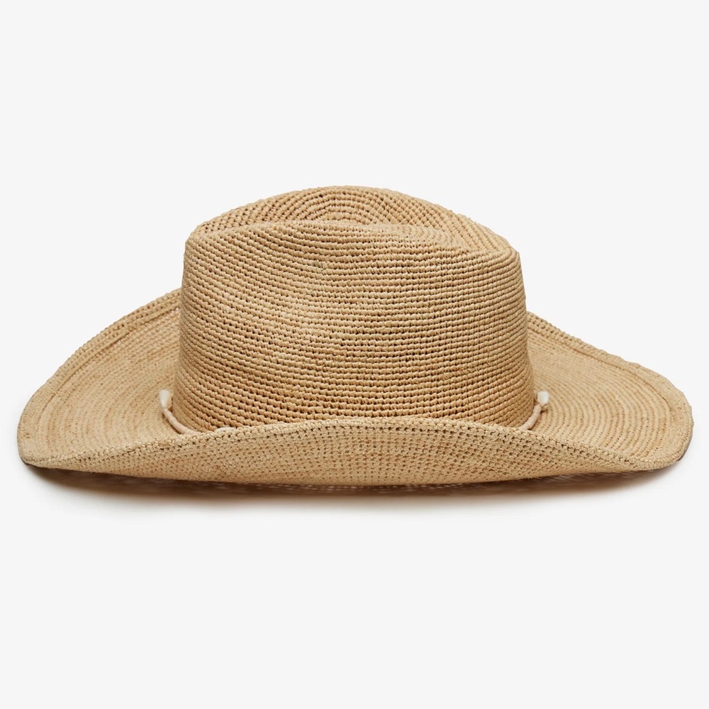 Brand New WYETH 100% Raffia Cowboy with bead/seashell trim. Shapeable brim.